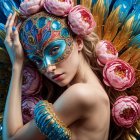 Portrait of a woman with ornate mask and peonies