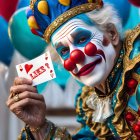 Colorful Clown in Elaborate Costume Holding "I LIKE U" Playing Card