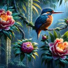 Colorful Kingfisher Among Lush Greenery and Peonies