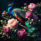 Peacock Among Lush Pink Peonies and Green Foliage