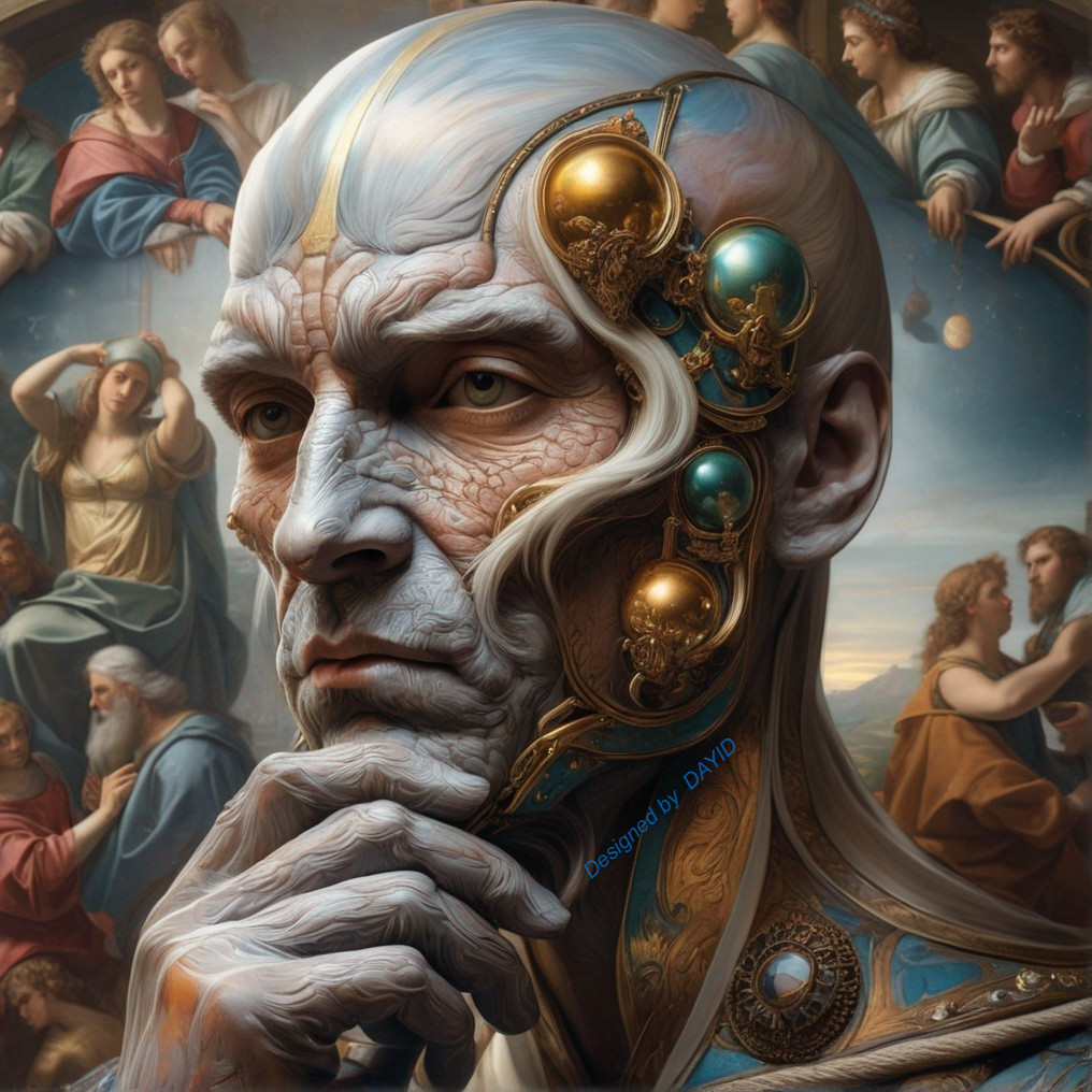 Elderly man with cybernetic enhancement against angelic painting backdrop