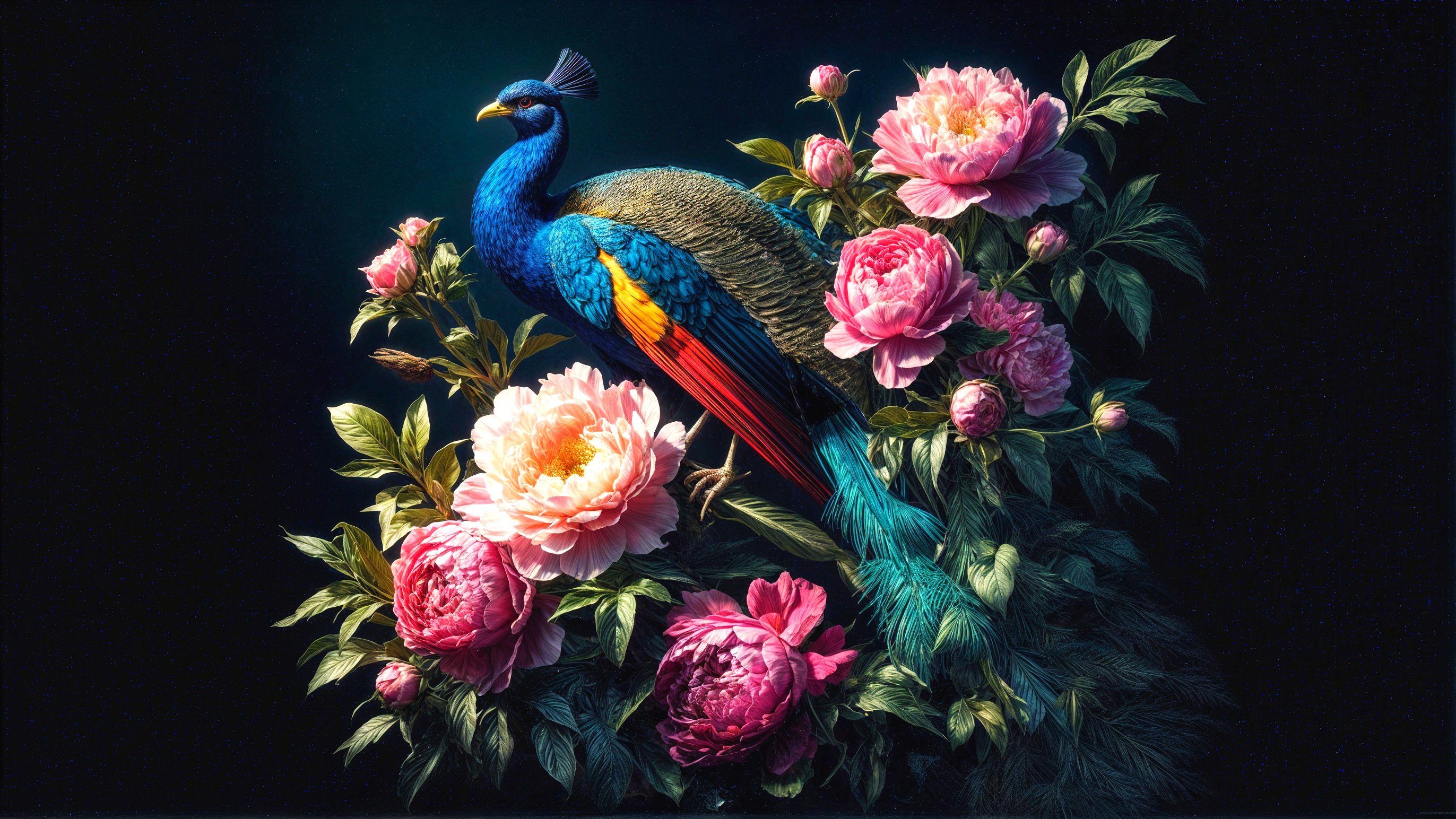 Peacock Among Lush Pink Peonies and Green Foliage