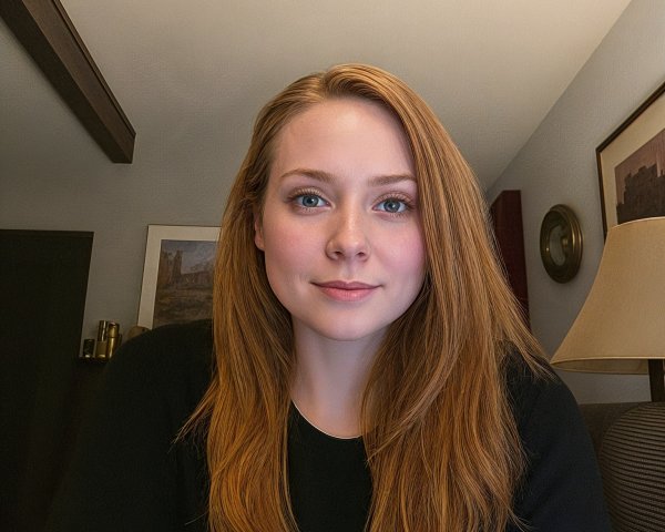 Young woman with reddish-brown hair in cozy room