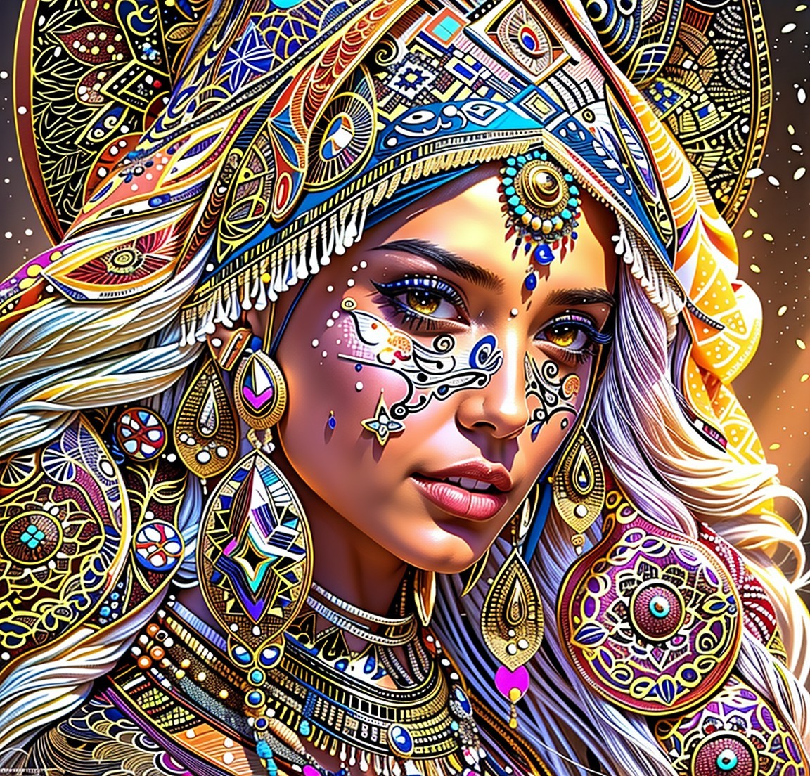 Portrait of a woman with ornate jewelry and makeup