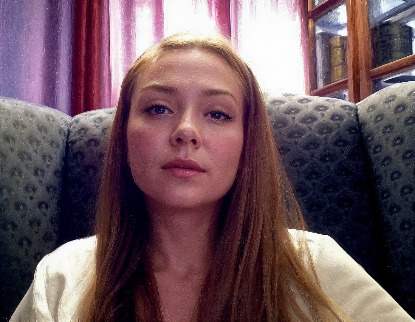 Young woman in upholstered chair with natural light