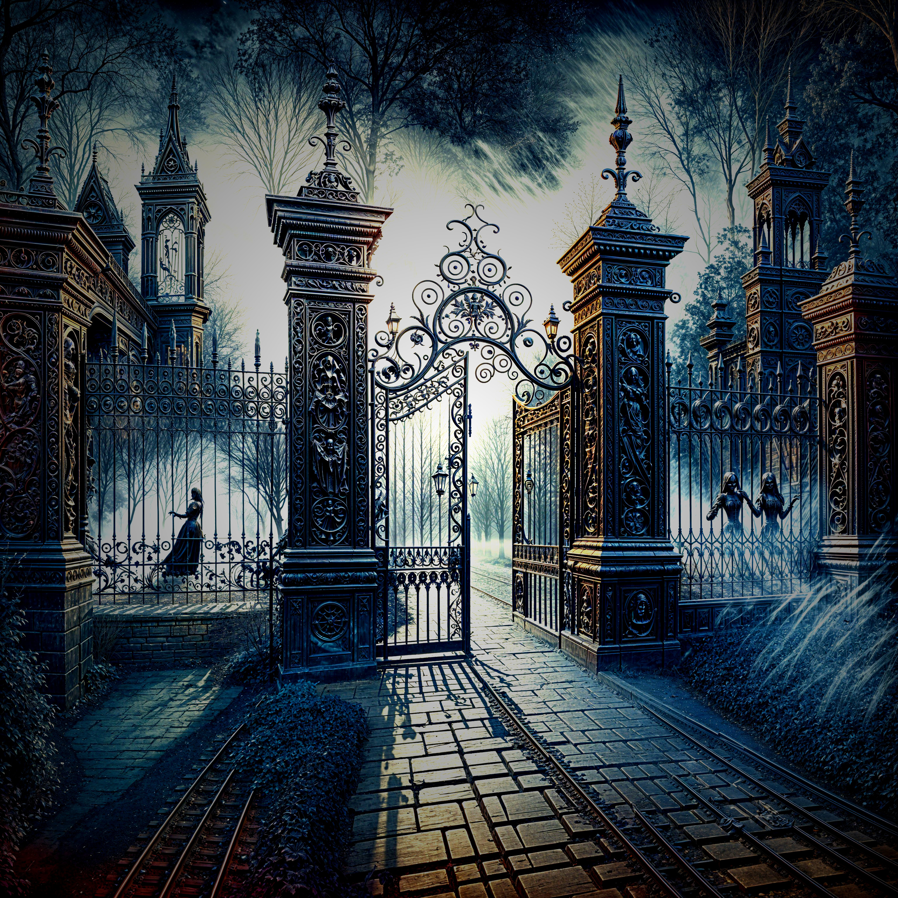 Ornate Wrought-Iron Gate Opens to Misty Landscape