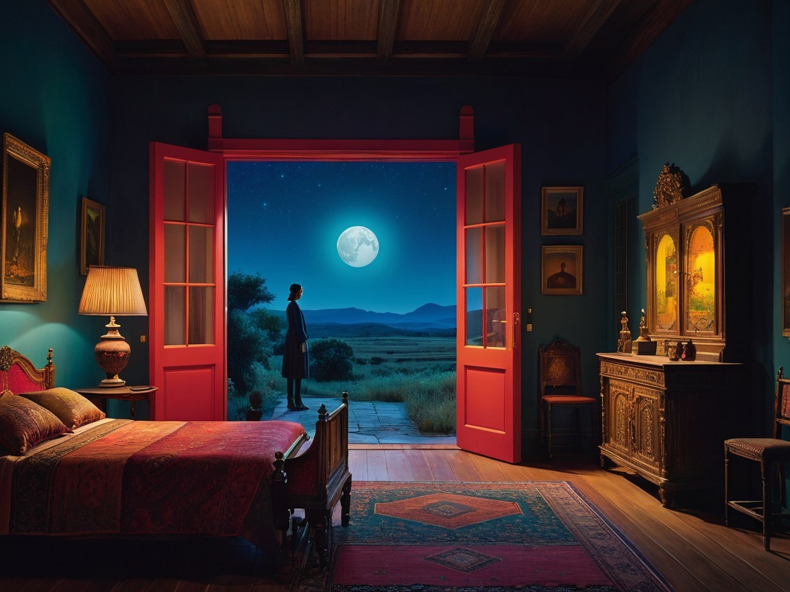 Cozy Bedroom with Blue Walls and Moonlit Landscape