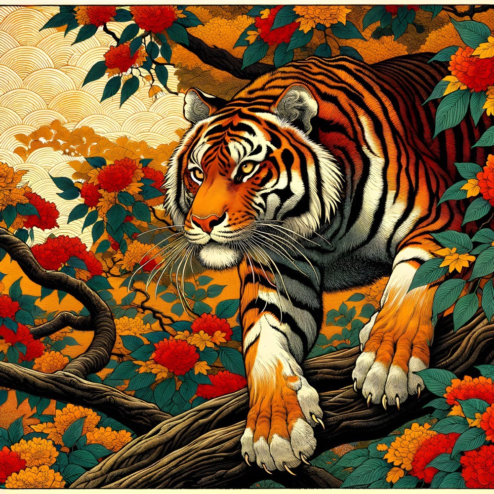 Illustration of tiger on branch with red flowers and yellow clouds