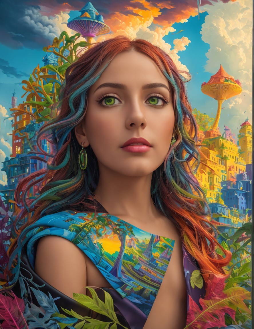 Young woman with multicolored hair in vivid landscape dress