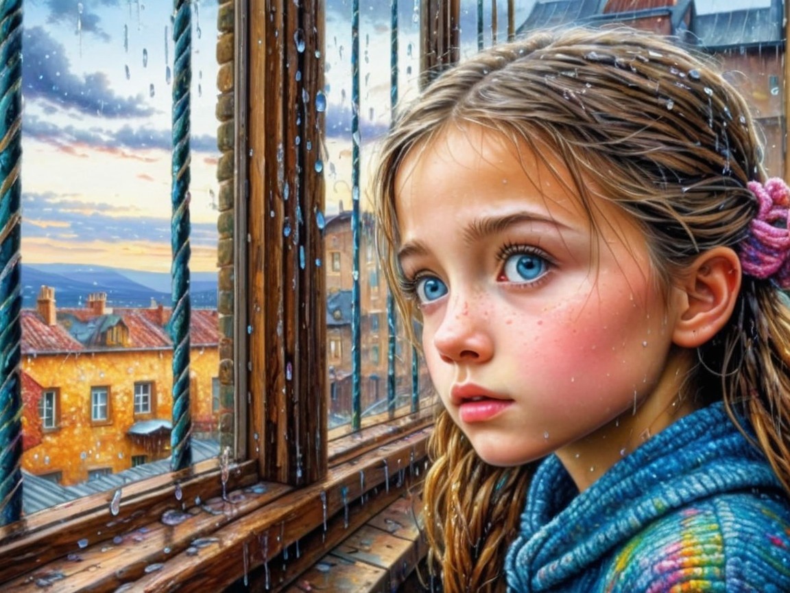 Young girl with blue eyes at a rain-soaked window