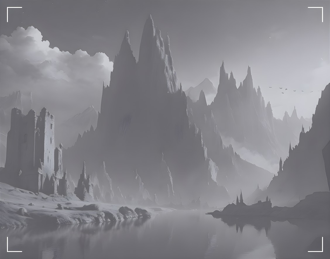 Monochromatic Landscape with Spires and Reflective Water