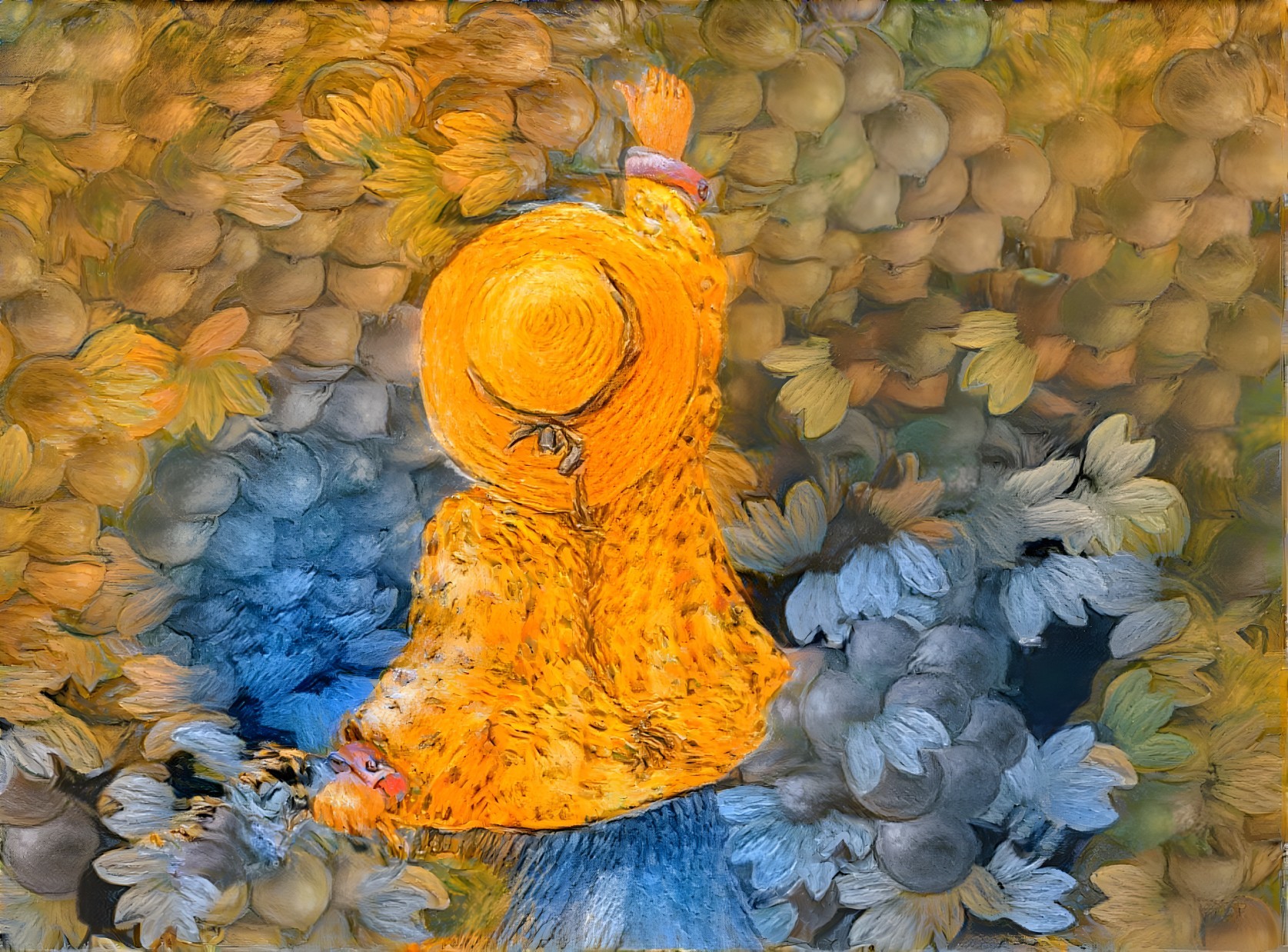 Vibrant Figure in Yellow Coat Among Abstract Flowers