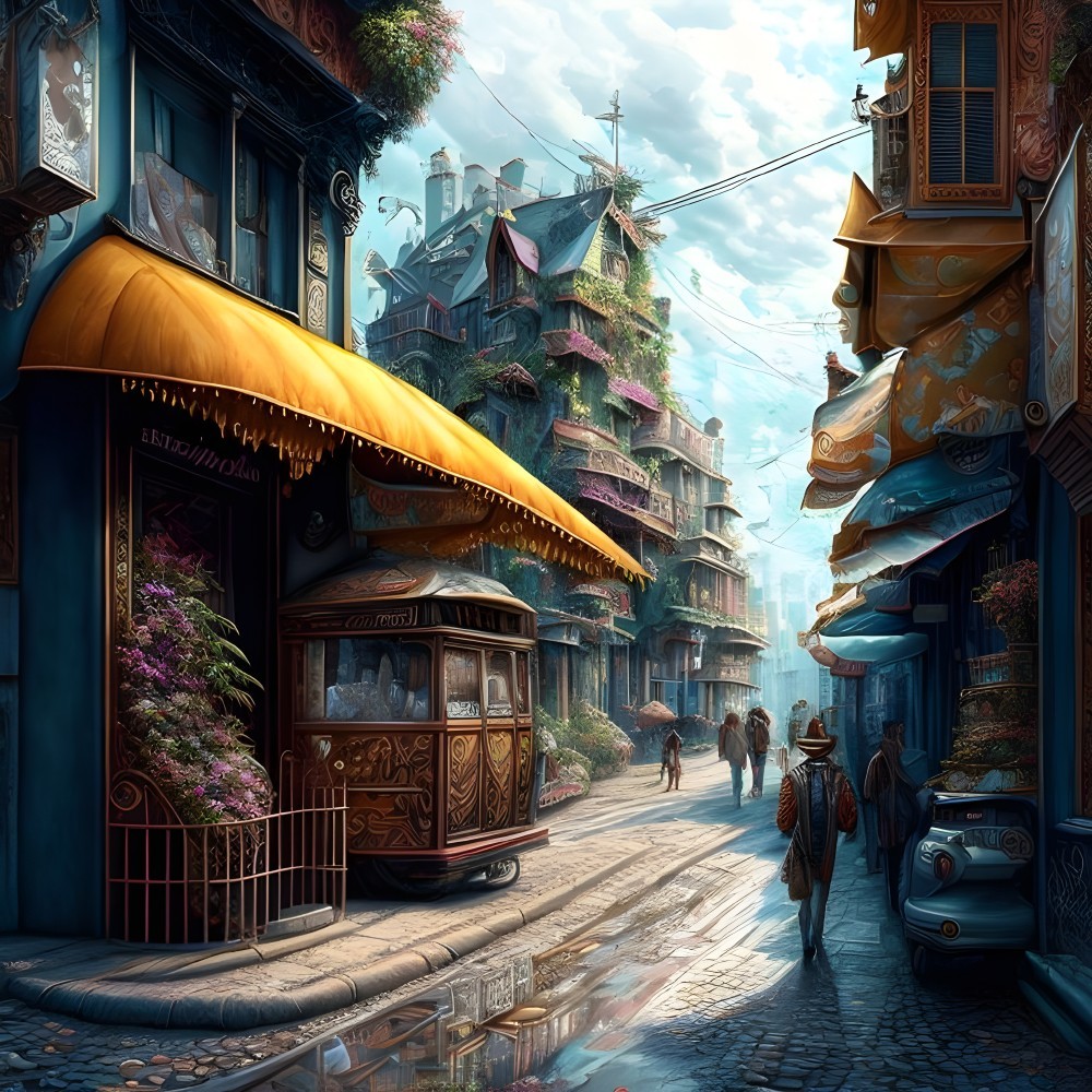 Quaint European Street with Cobblestones and Tram