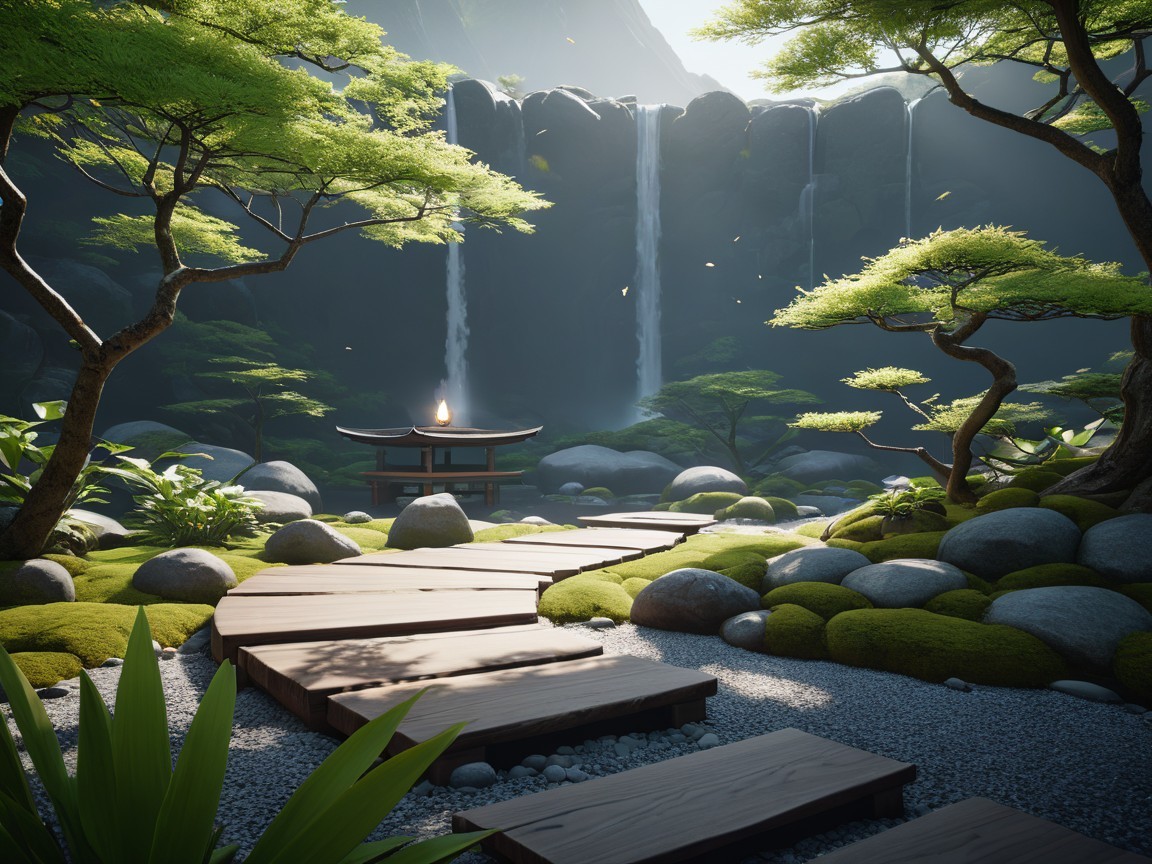 Serene Japanese Garden with Pagoda and Waterfalls