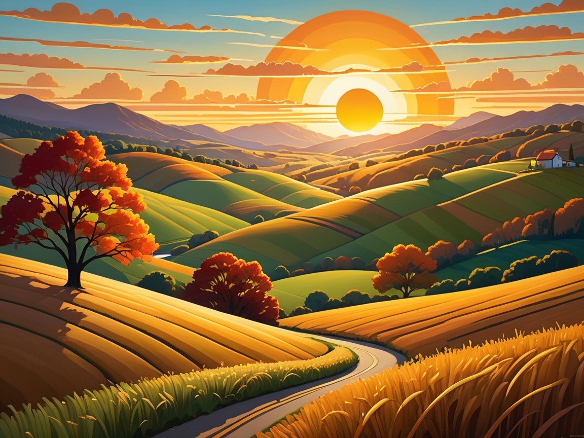 Vibrant Landscape with Sunset and Rolling Hills