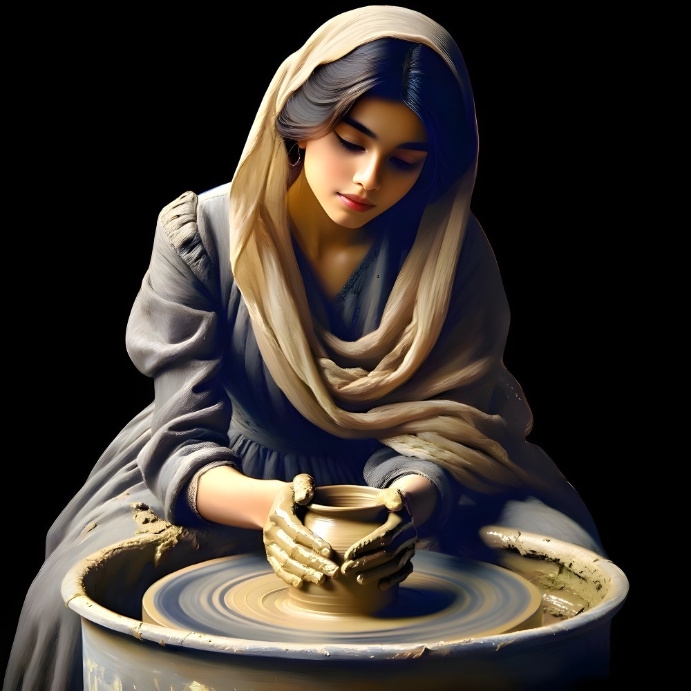 Young Woman Shaping Clay Pot at Pottery Wheel