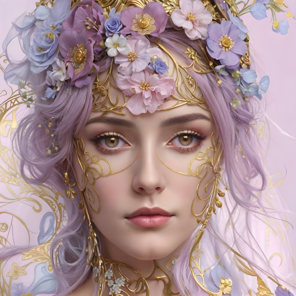 Purple-haired woman with floral headpiece on pink background
