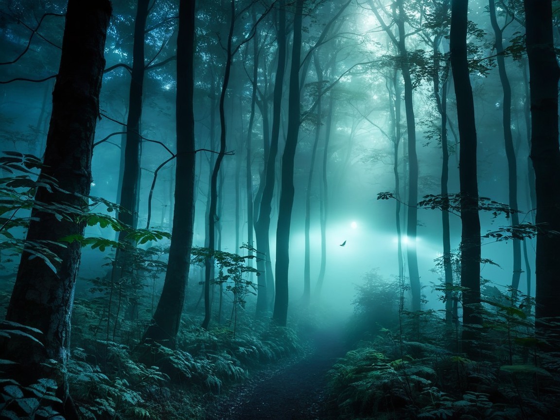 Misty Forest with Tall Trees and Ethereal Light