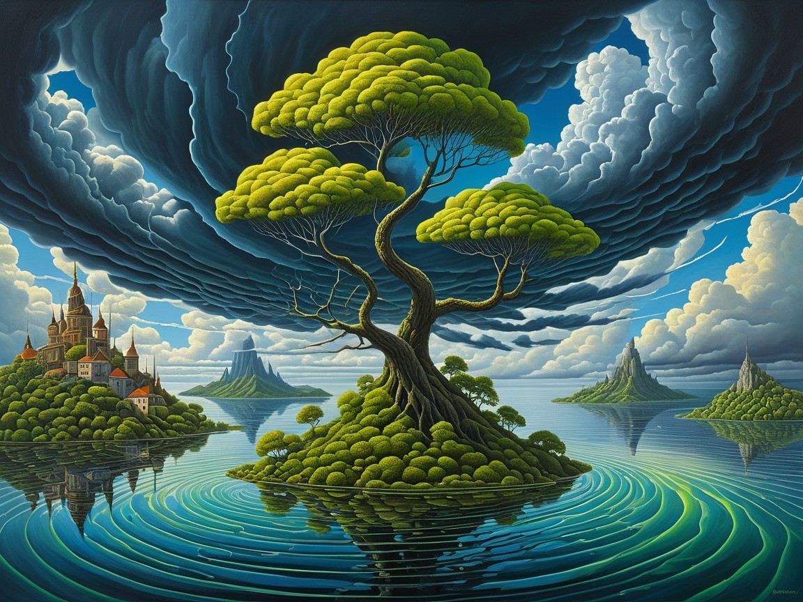 Whimsical Landscape with Tree and Serene Waters
