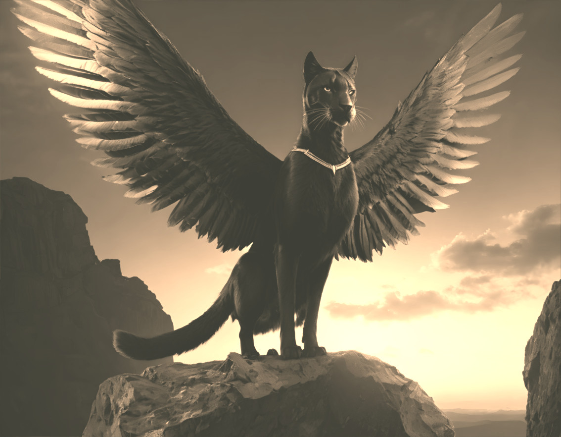 Winged Cat on Rock Under Sepia Sky
