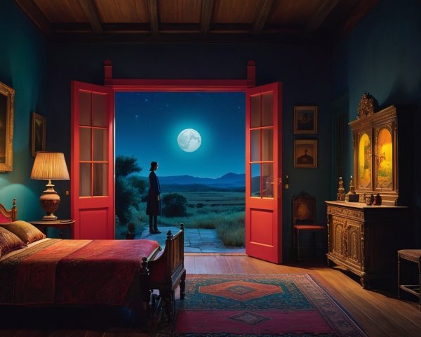 Cozy Bedroom with Blue Walls and Moonlit Landscape