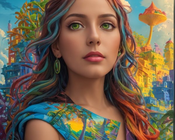 Young woman with multicolored hair in vivid landscape dress