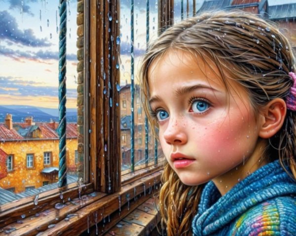 Young girl with blue eyes at a rain-soaked window