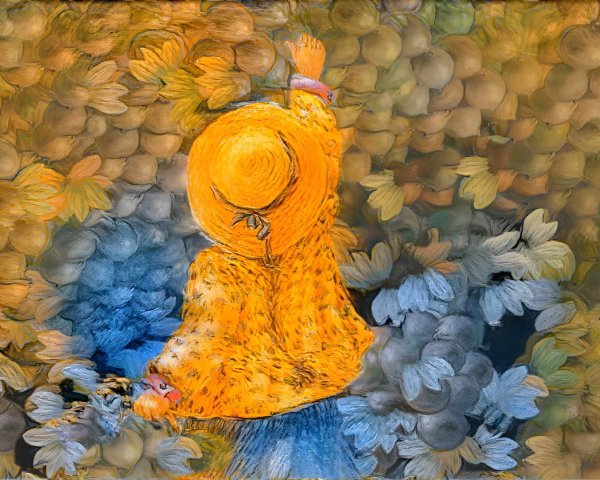 Vibrant Figure in Yellow Coat Among Abstract Flowers