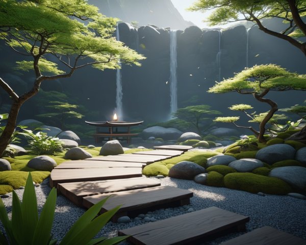 Serene Japanese Garden with Pagoda and Waterfalls