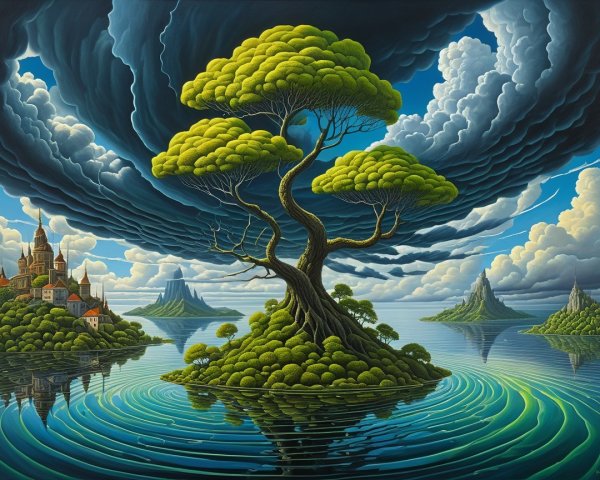 Whimsical Landscape with Tree and Serene Waters