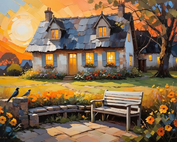 Charming Cottage Under Vibrant Sunset with Garden