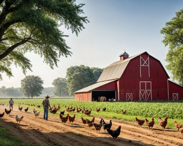 Vibrant Barn and Chickens in a Tranquil Farm Scene