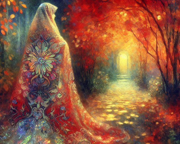 Serene Figure in Autumn Forest with Vibrant Colors