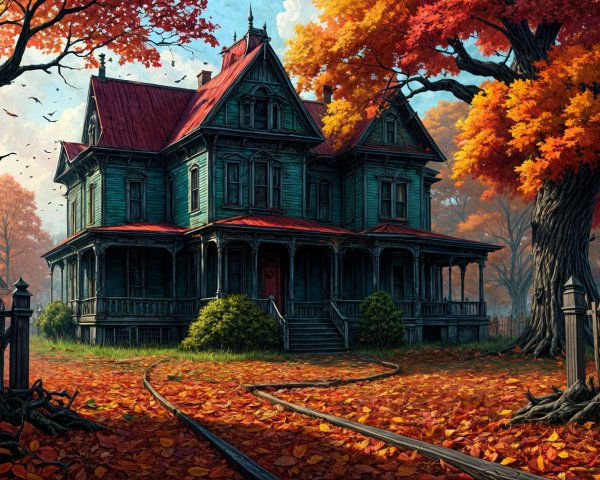 Victorian House Surrounded by Autumn Foliage and Tracks