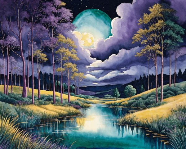 Serene Night Landscape with River and Mountains