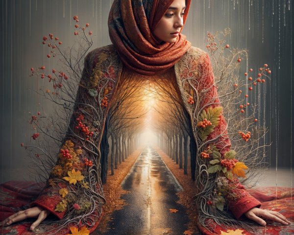 Serene Figure in Vibrant Fabric Amidst Autumn Landscape
