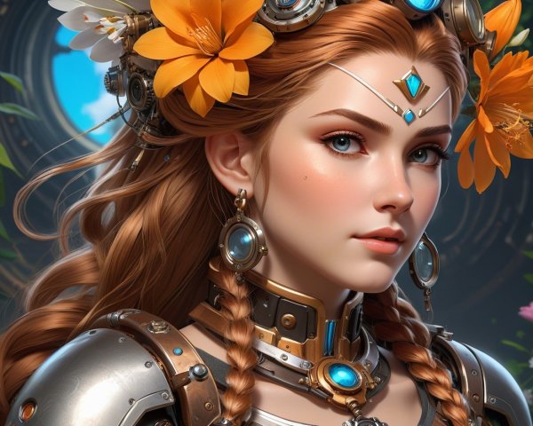 Young woman in metallic outfit with orange flowers