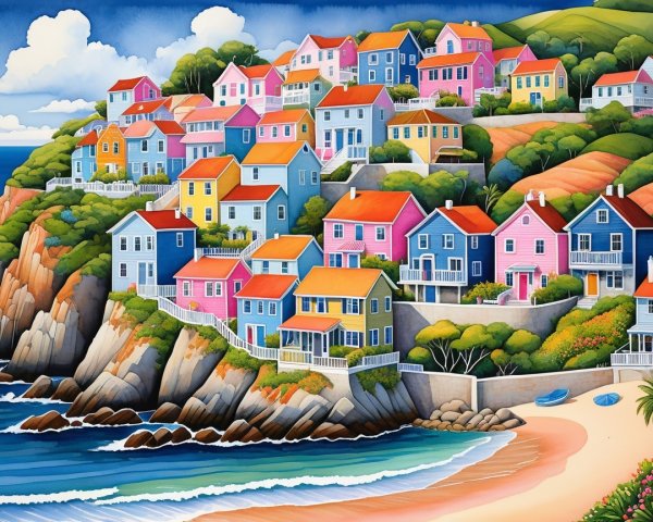 Vibrant Coastal Scene with Colorful Houses and Ocean
