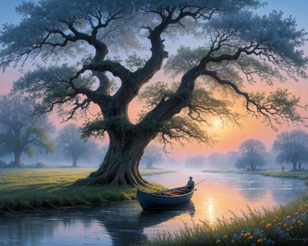 Serene Landscape with Tree and Fisherman at Dawn