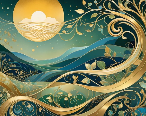 Stylized landscape with rolling hills and golden sun