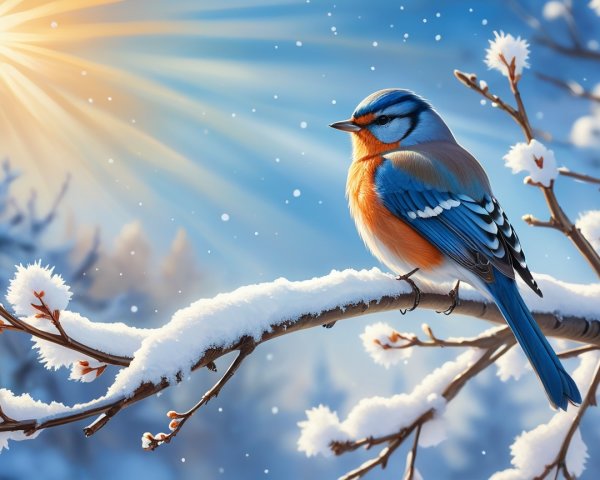 Bluebird on Snowy Branch in Winter Landscape