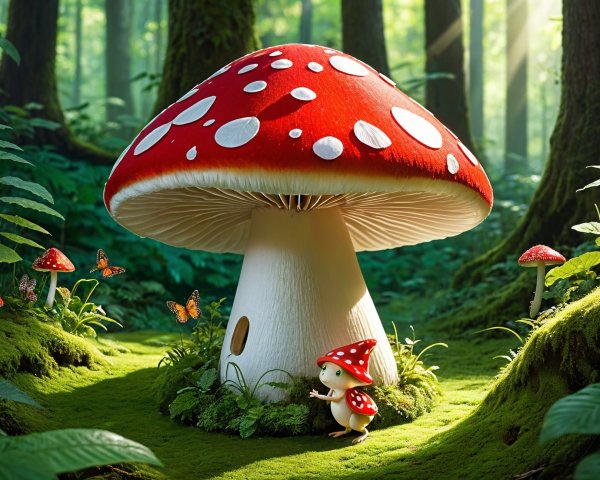 Red-and-white Mushroom in Enchanted Forest Setting