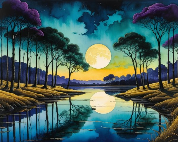 Tranquil Dusk Landscape with Full Moon and Lake