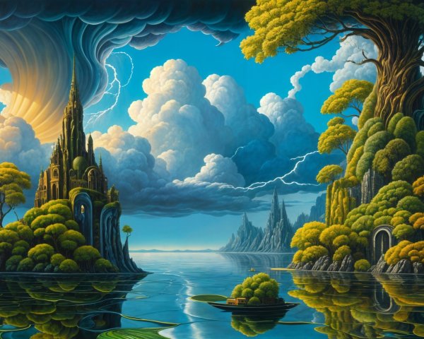 Fantastical Landscape with Islands and Whimsical Castle