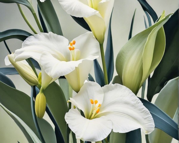 Elegant White Flowers with Orange Stamens and Green Leaves