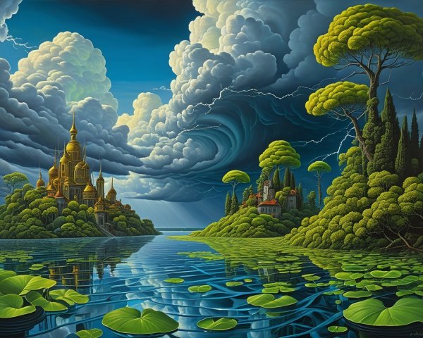 Serene Lake and Whimsical Castle in a Fantastical Landscape