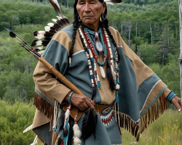 Native American Man in Traditional Attire in Nature