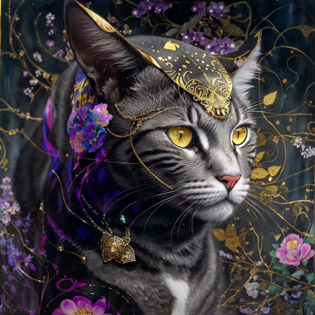Majestic cat with golden headdress and floral motifs on dark background