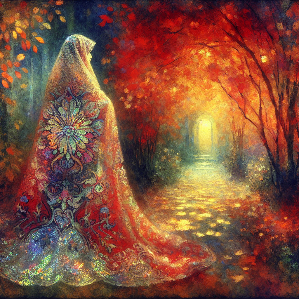 Serene Figure in Autumn Forest with Vibrant Colors