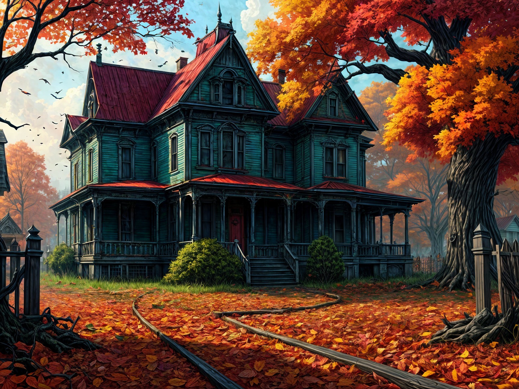Victorian House Surrounded by Autumn Foliage and Tracks